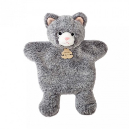 marionnette à main chat gris chiné avec oreilles roses histoire d'ours