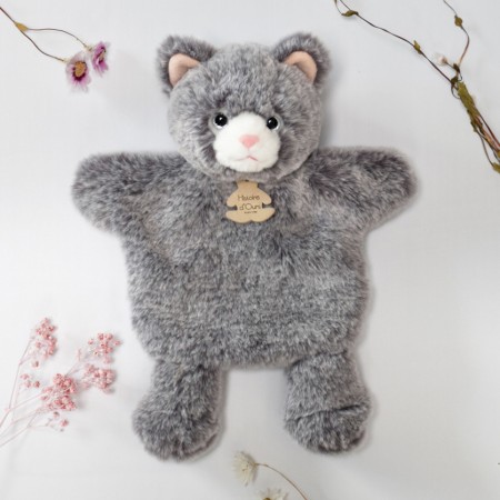 Marionnette à main chat gris chiné avec oreilles roses - Histoire d'ours